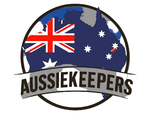 Logo with Australian flag and 'Aussiekeepers' text on a gray background